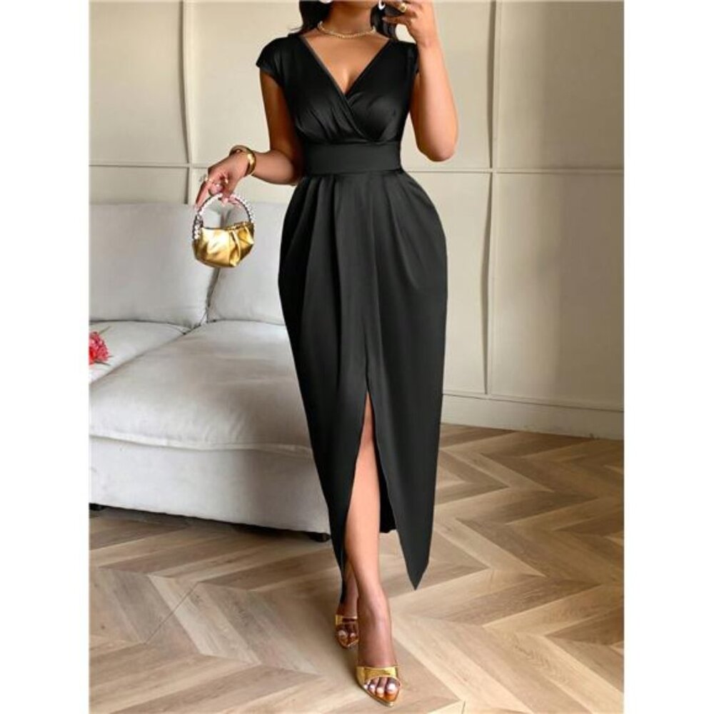 101- NEW Elegant Satin Black V-Neck Ruched Flounce